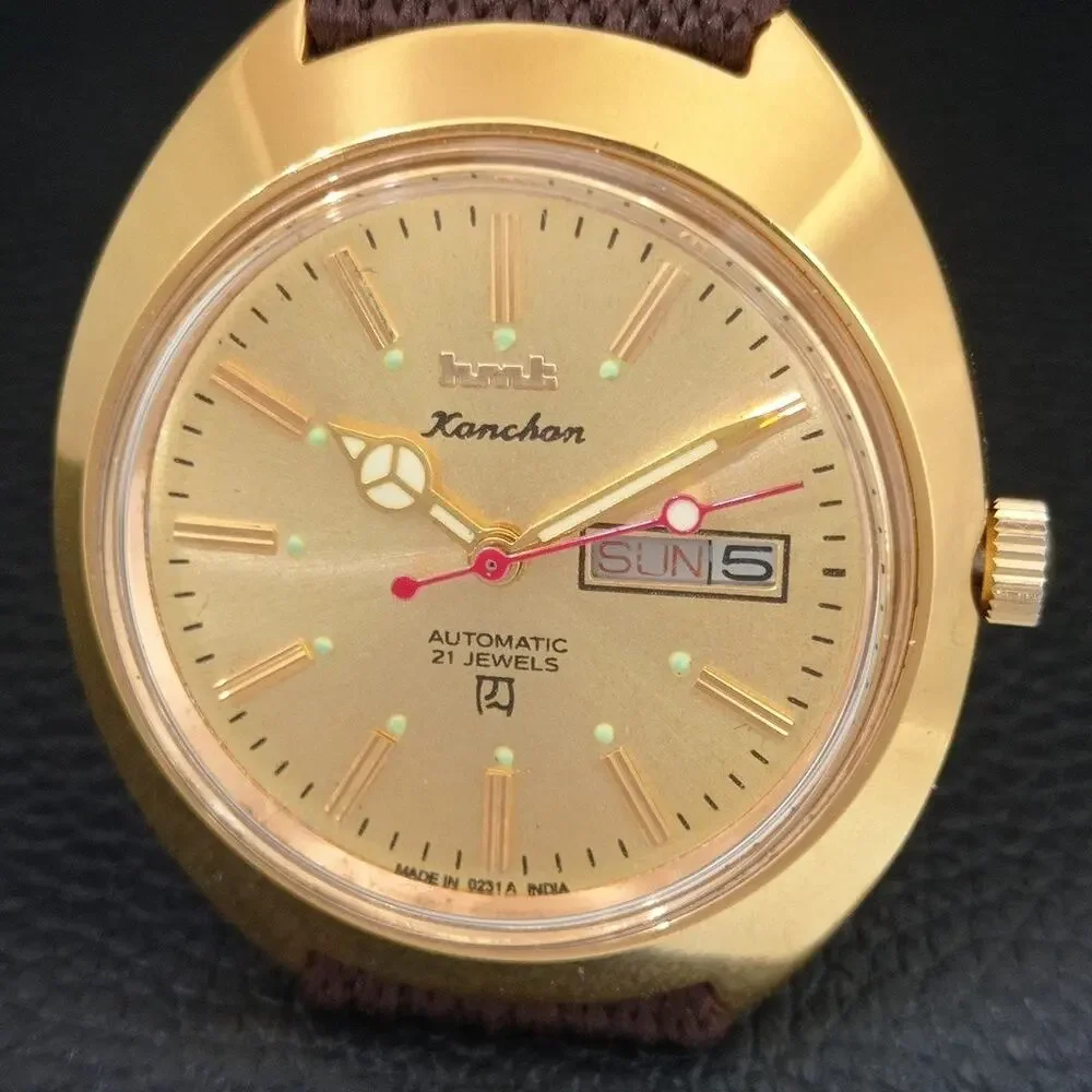 Vintage 1986 HMT Automatic Mens Gold Watch W/Daydate & Champagne accents
